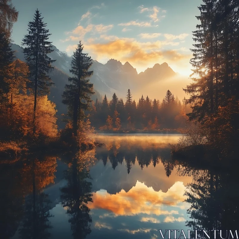 Tranquil Sunset Over Lake Surrounded by Autumn Foliage AI Image