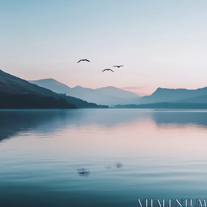 Sunset Over Serene Lake with Soaring Birds and Mountain Reflection AI Image