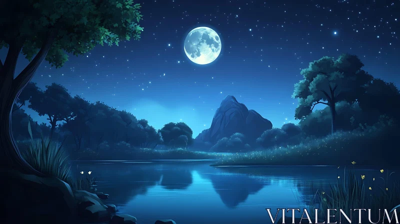 Starry Night Over Moonlit Lake and Forest AI Image