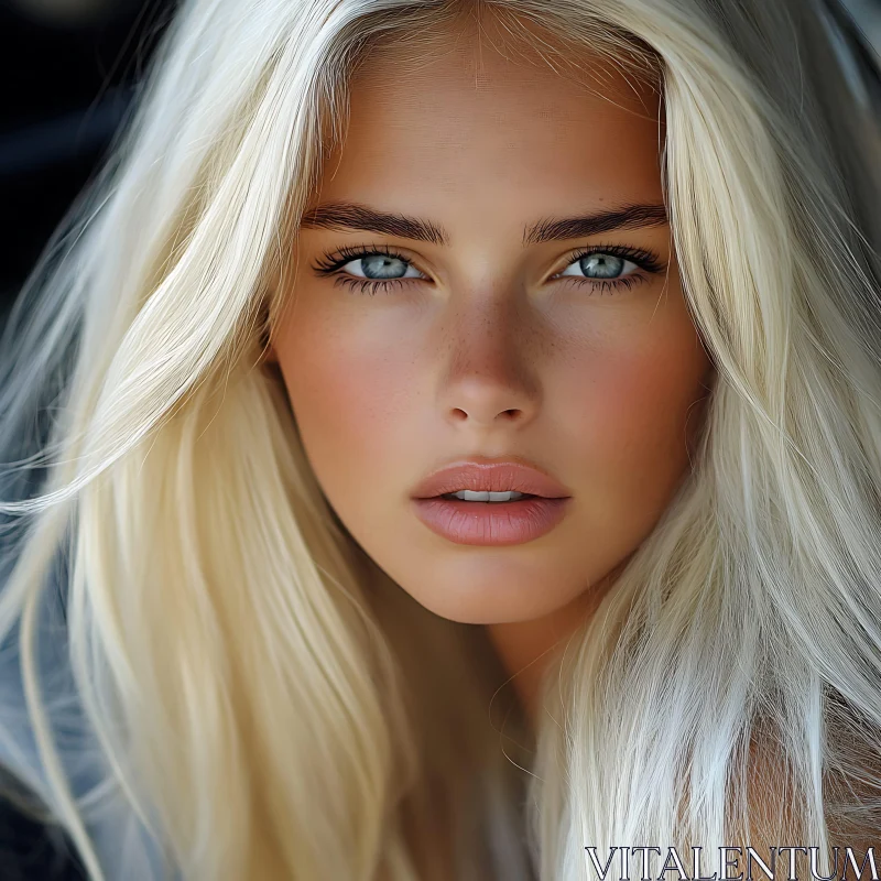 Beautiful Blonde Woman with Intense Blue Eyes AI Image