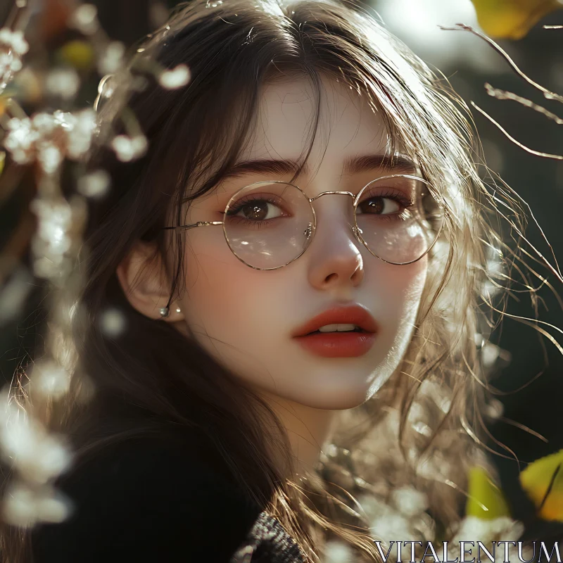 Portrait of a Young Woman with Round Eyeglasses in Nature AI Image