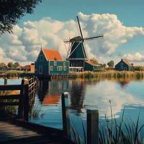 Serene Landscape with Windmill and Reflective Lake