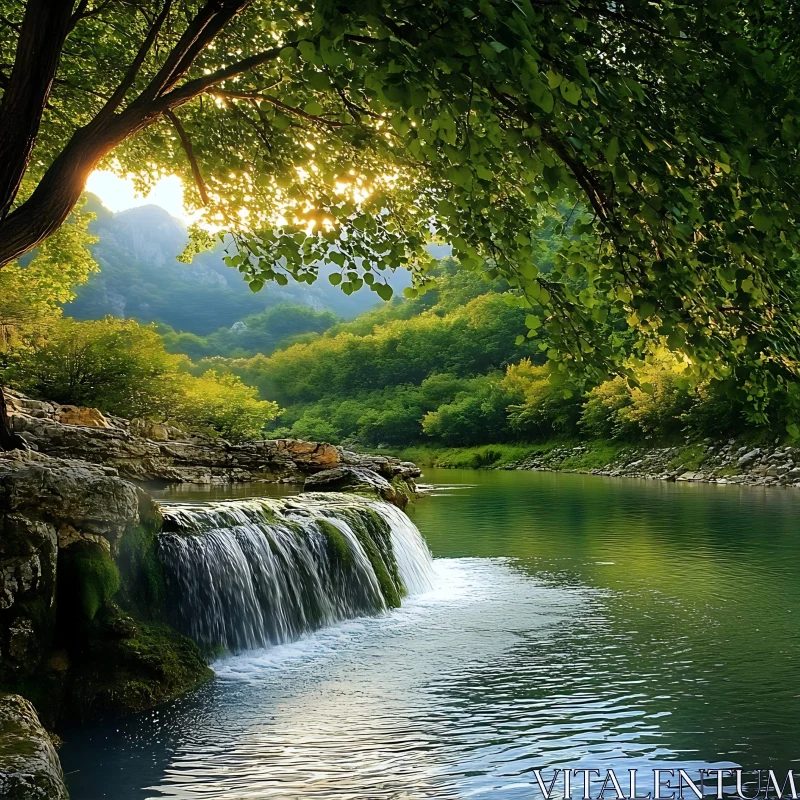 Peaceful Waterfall with Lush Greenery AI Image