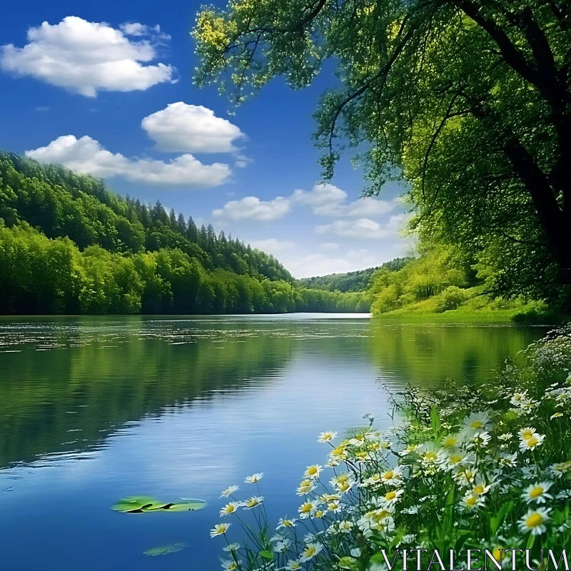 Tranquil Waters and Blooming Daisies AI Image