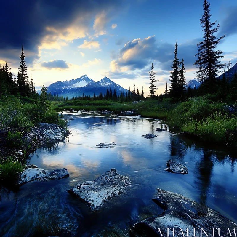 Sunset Over Serene Lake with Snow-Capped Mountains AI Image