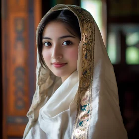 Elegant Woman Wearing Embroidered White Shawl