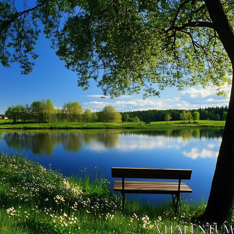 Tranquil Bench by the Lake AI Image