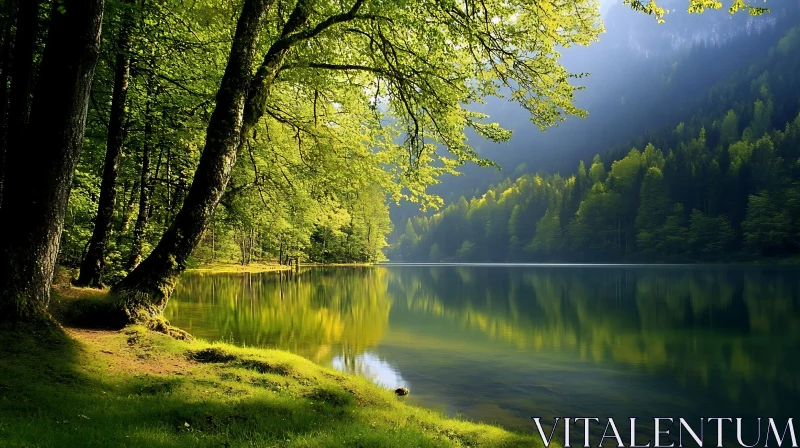 Peaceful Green Forest by a Reflective Lake AI Image