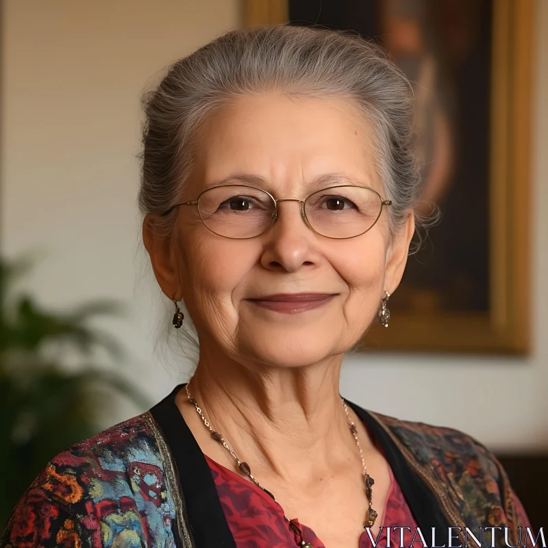 Elderly Woman with Glasses and Traditional Dress Smiling AI Image