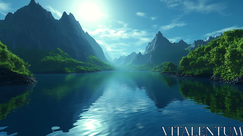 Tranquil Lakeside Scene with Majestic Mountains AI Image