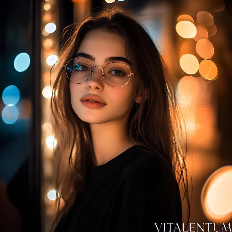 Night Urban Portrait of a Woman with Glasses AI Image