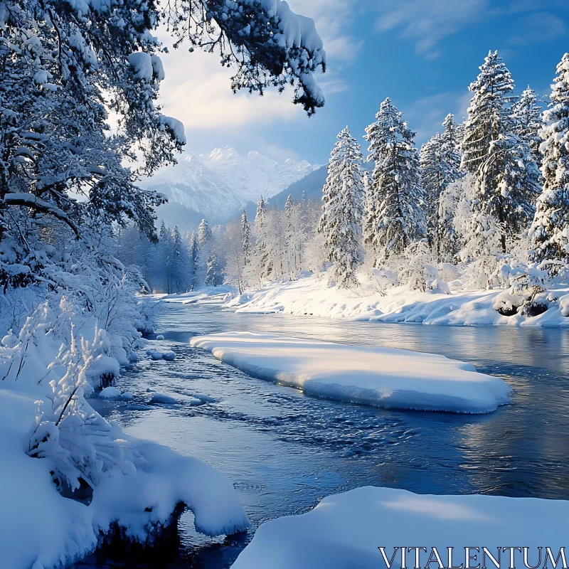 AI ART Tranquil Snowy Landscape with Icy River