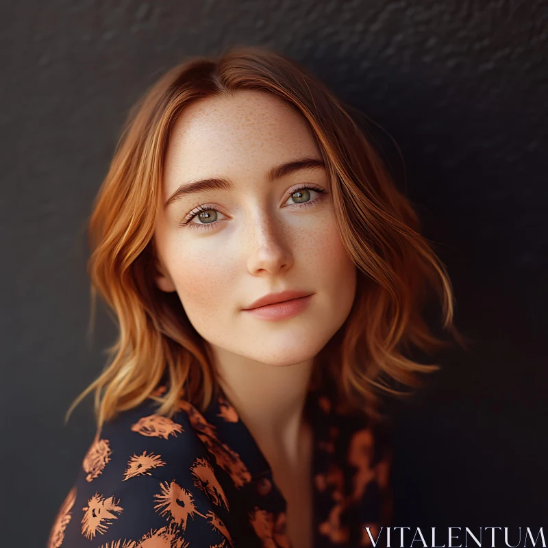 Close-Up of a Woman with Auburn Hair and Freckles AI Image