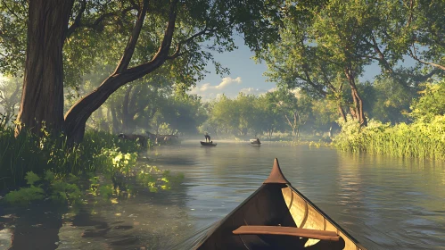 Peaceful River Canoeing Through Forested Landscape