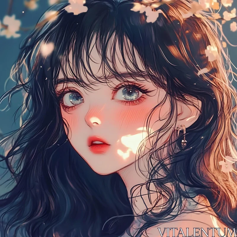 Captivating Anime Artwork Featuring a Blue-Eyed Girl with Flowers AI Image