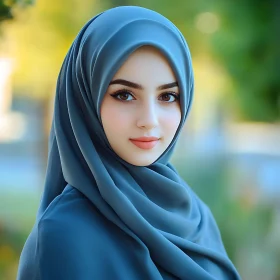 Elegant Portrait: Woman in Teal Hijab Among Nature