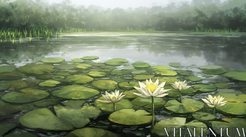 AI ART Tranquil Lake with Floating Lilies