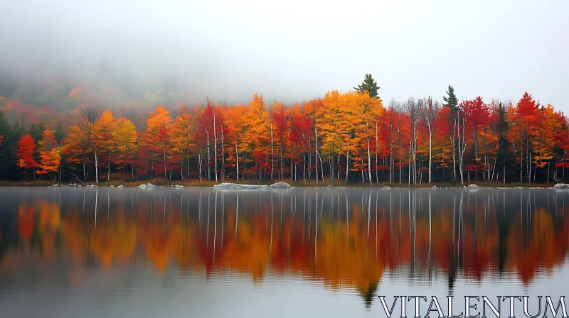 Autumn Forest Reflected in Calm Lake AI Image