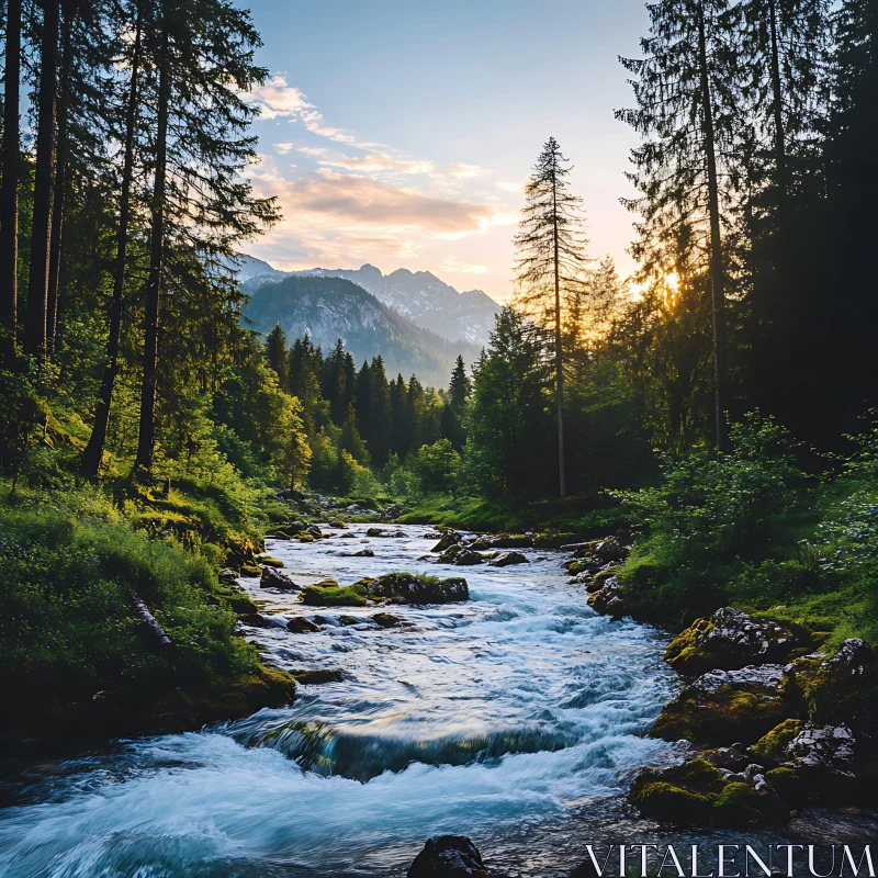 Tranquil Forest River and Mountainous Sunset AI Image