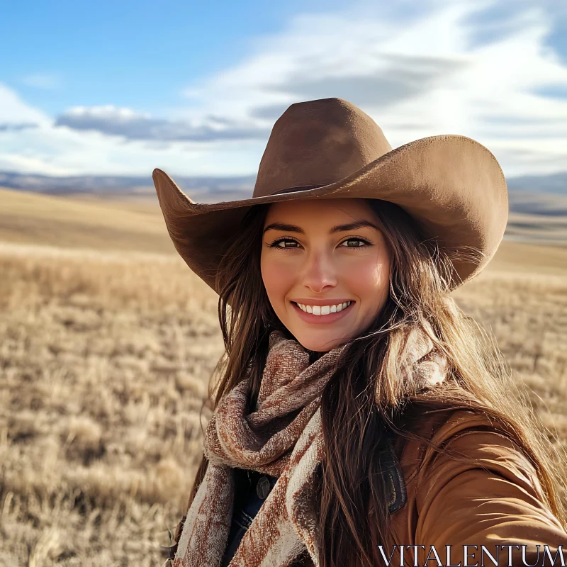 Cowgirl Smiling in Open Field AI Image