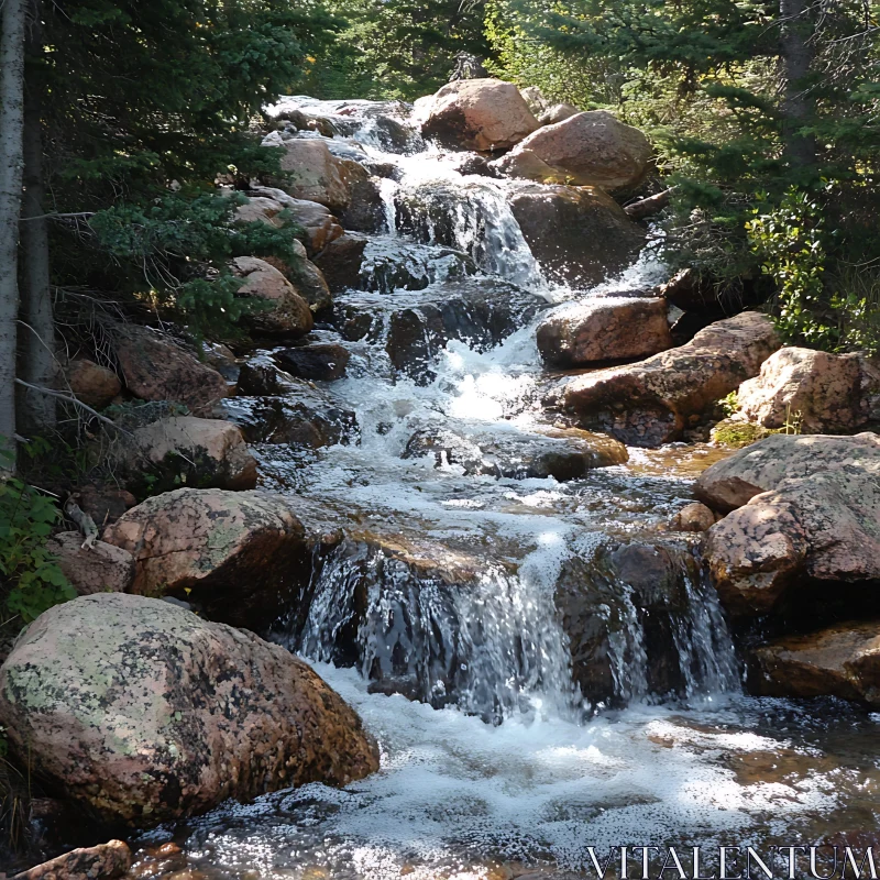 Serene Waterfall Flowing Over Rocks in Forest AI Image