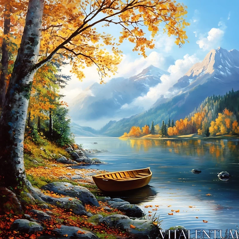 Serene Fall Lake Scene with Mountains and Boat AI Image