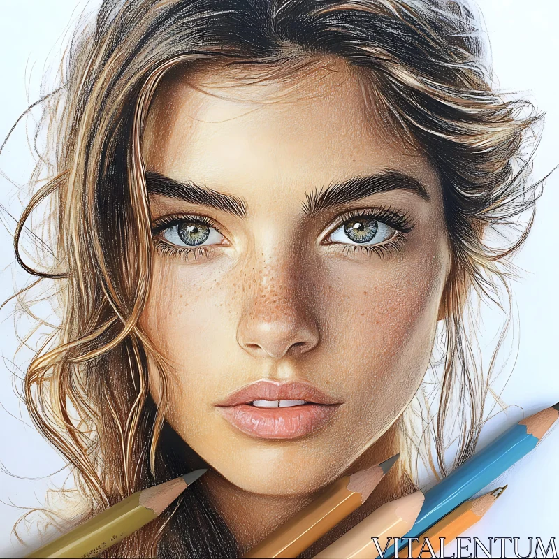 Detailed Female Drawing in Colored Pencils AI Image