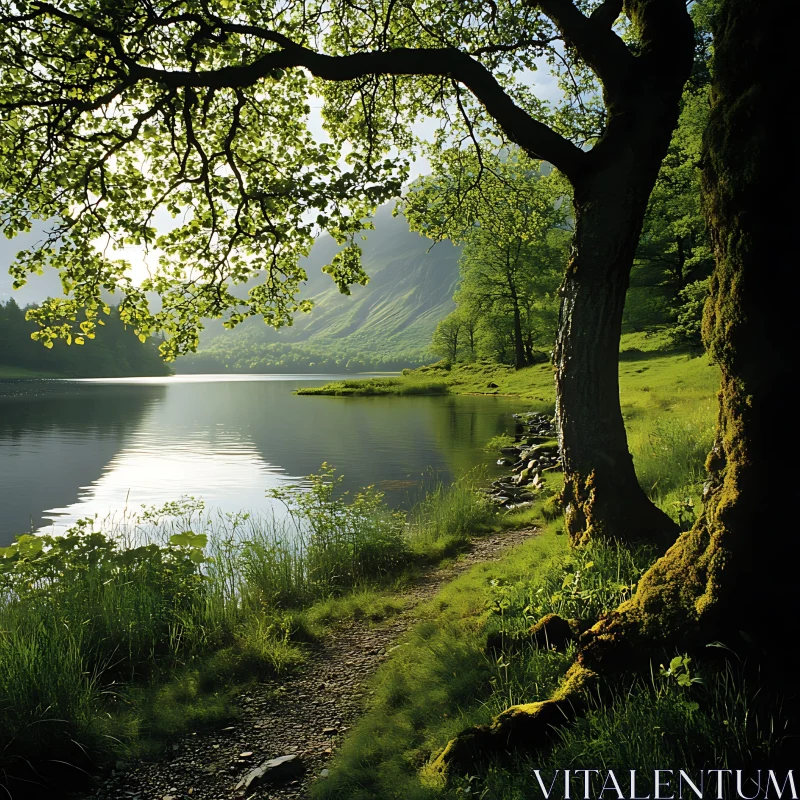 Tranquil Lakeside View with Path and Trees AI Image