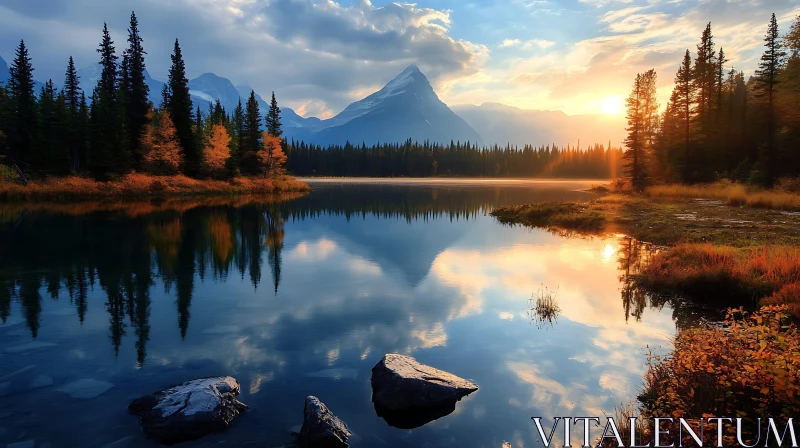 Tranquil Sunset over a Mountainous Lake AI Image