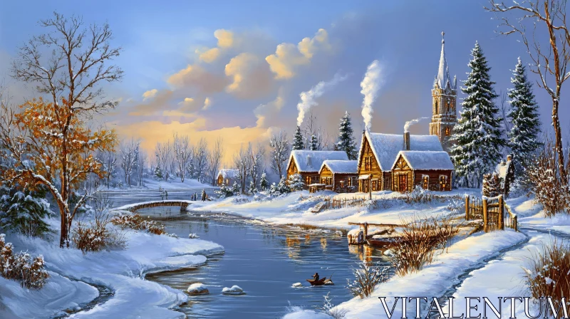 Snow-Covered Village in Winter AI Image