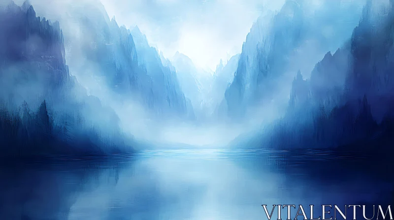 Calm Foggy Landscape with Blue Mountain Reflections AI Image