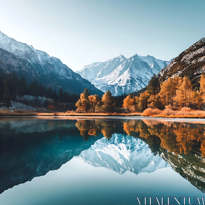 Tranquil Lake with Mountain Reflections in Autumn AI Image