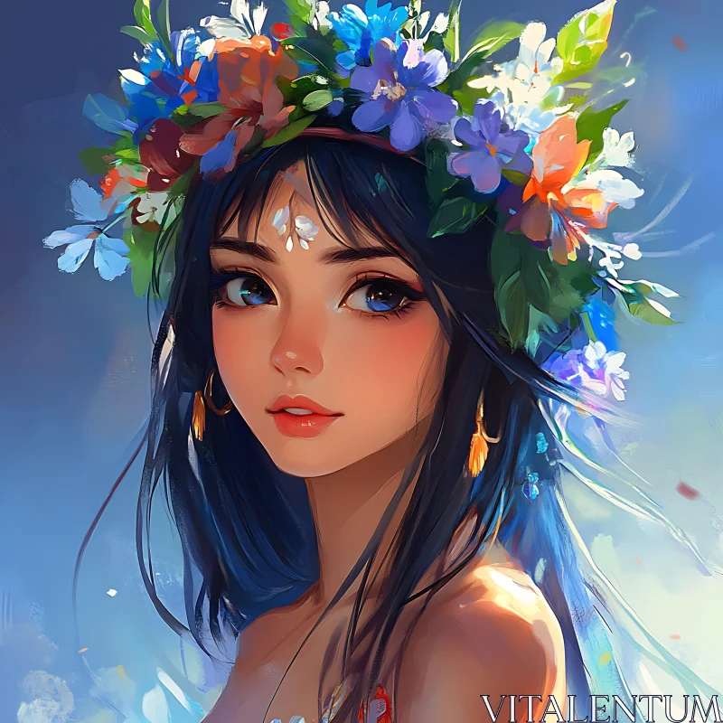 Colorful Anime Portrait with Flowers AI Image