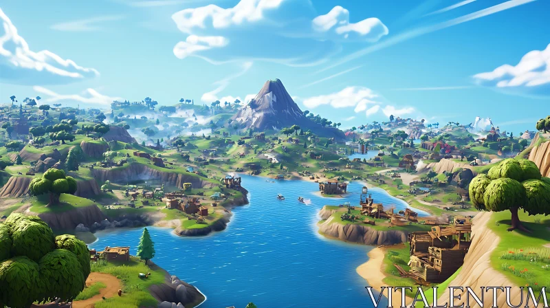 Peaceful Animated Landscape with Lake, Hills, and Settlements AI Image