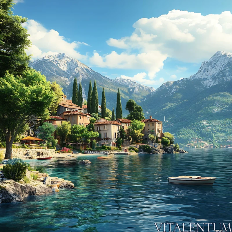 Peaceful Lakeside Settlement with Majestic Mountains AI Image