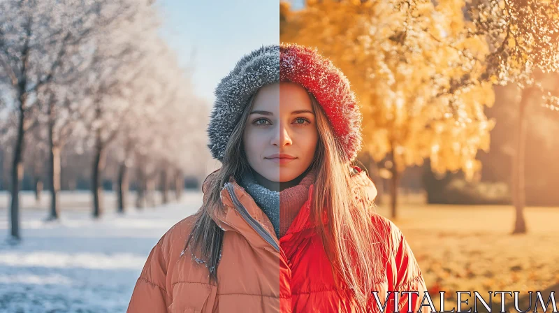 AI ART Seasonal Contrast: Winter and Autumn in One Frame