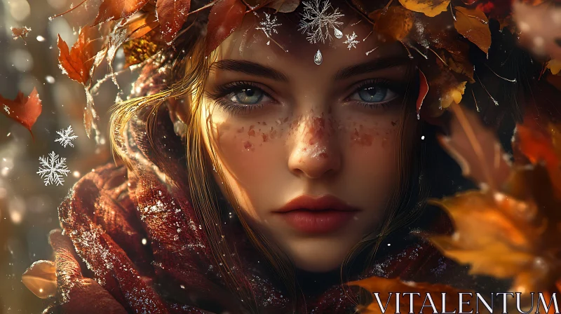 AI ART Mystical Autumn Woman Encased in Leaves and Snow