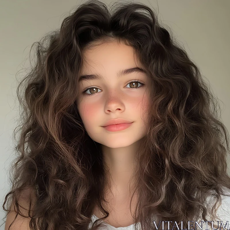 Curly Haired Young Woman with Brown Eyes and Freckles AI Image