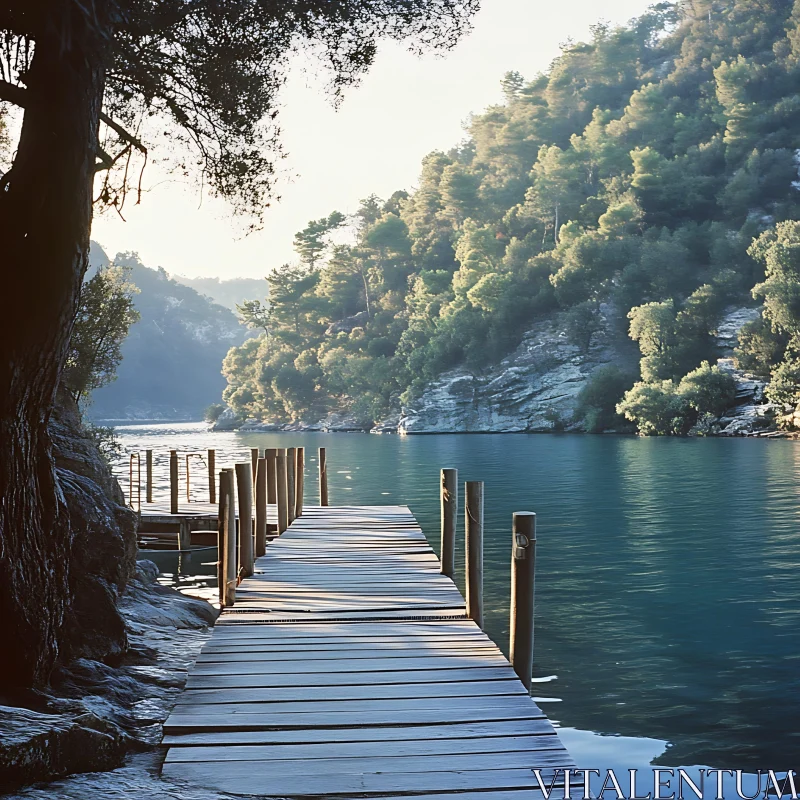 Peaceful Wooden Dock in Forested Lakeside AI Image