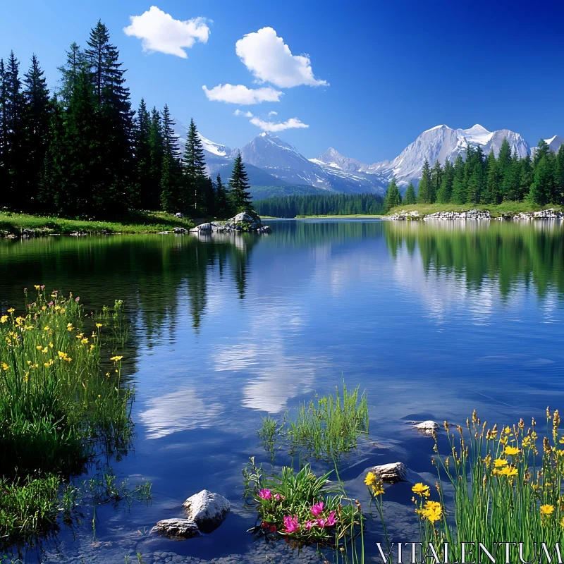 Tranquil Lake Scene with Forest and Mountains AI Image