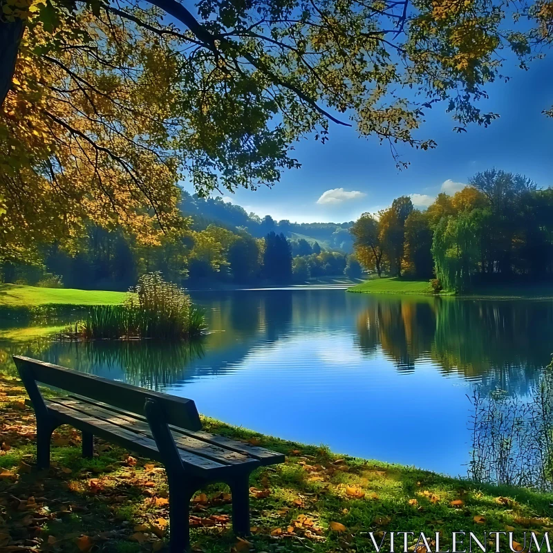 Tranquil Fall Landscape with Lake and Park Bench AI Image