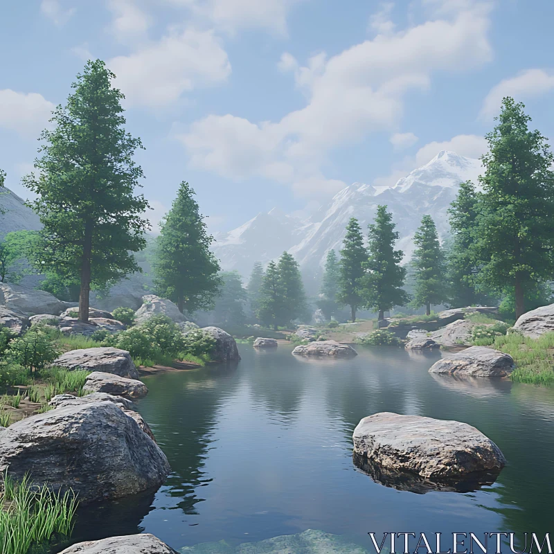 Peaceful River with Mountain Background AI Image