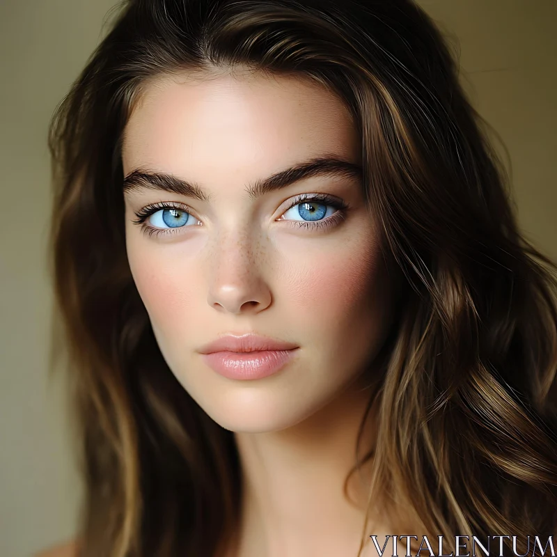 Close-up of a Woman with Blue Eyes and Freckles AI Image