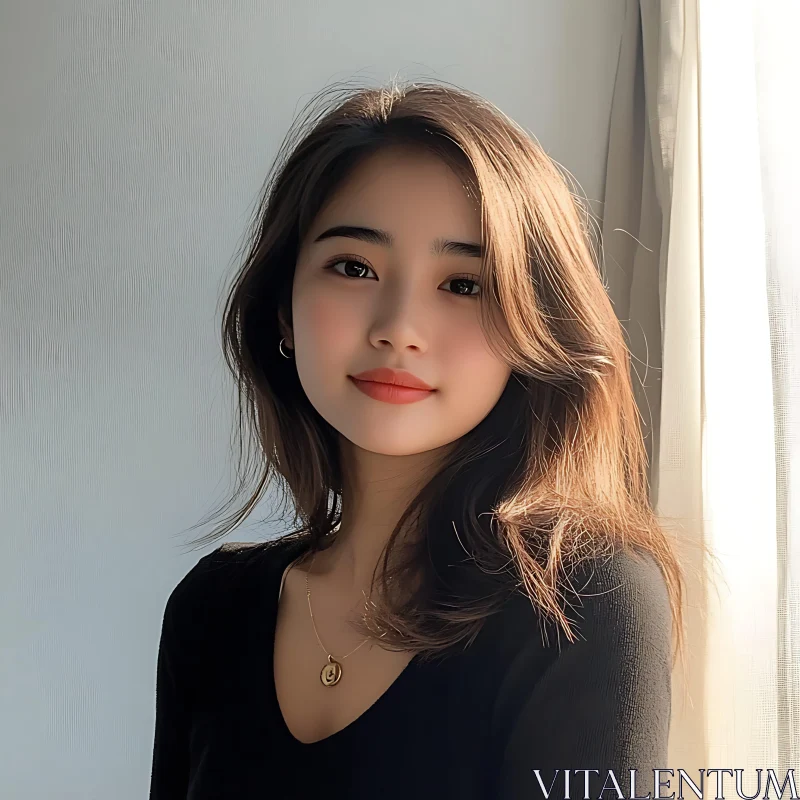 Young Woman Smiling in Natural Light AI Image