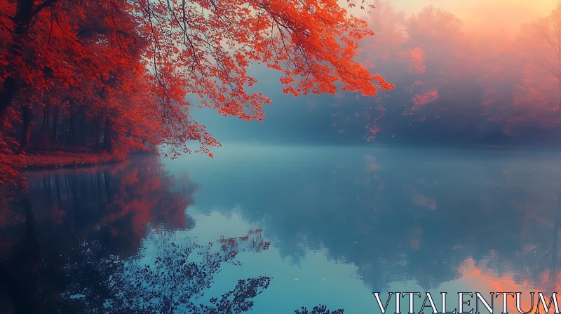 Tranquil Autumn Lake Reflection Scene AI Image