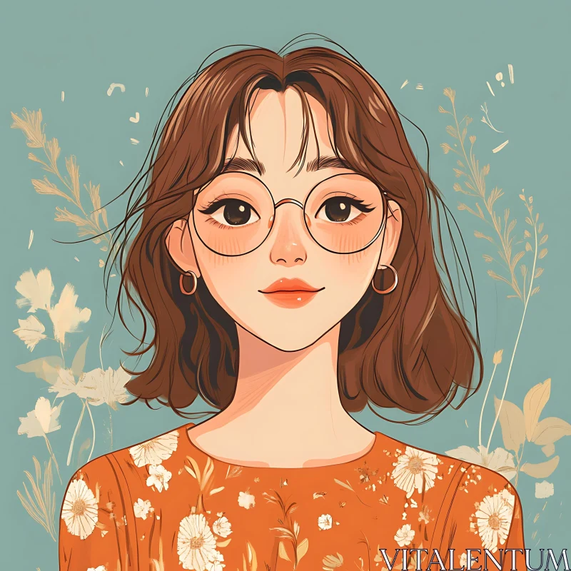 Anime Girl with Glasses and Floral Dress AI Image