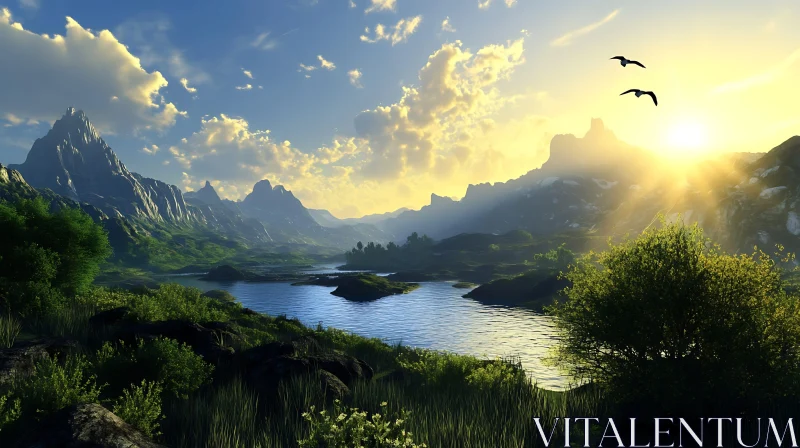 Panoramic View of a Serene Mountain Landscape AI Image