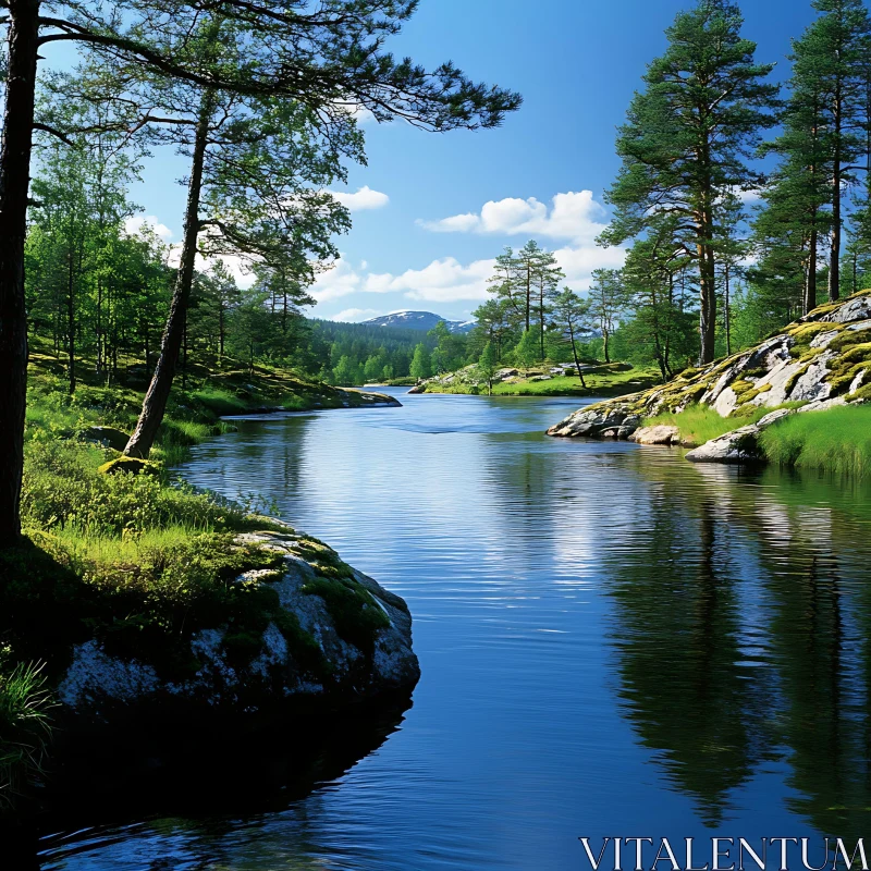 Tranquil River in Lush Forest AI Image