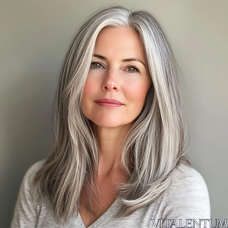 Portrait of a Woman with Long Gray Hair AI Image