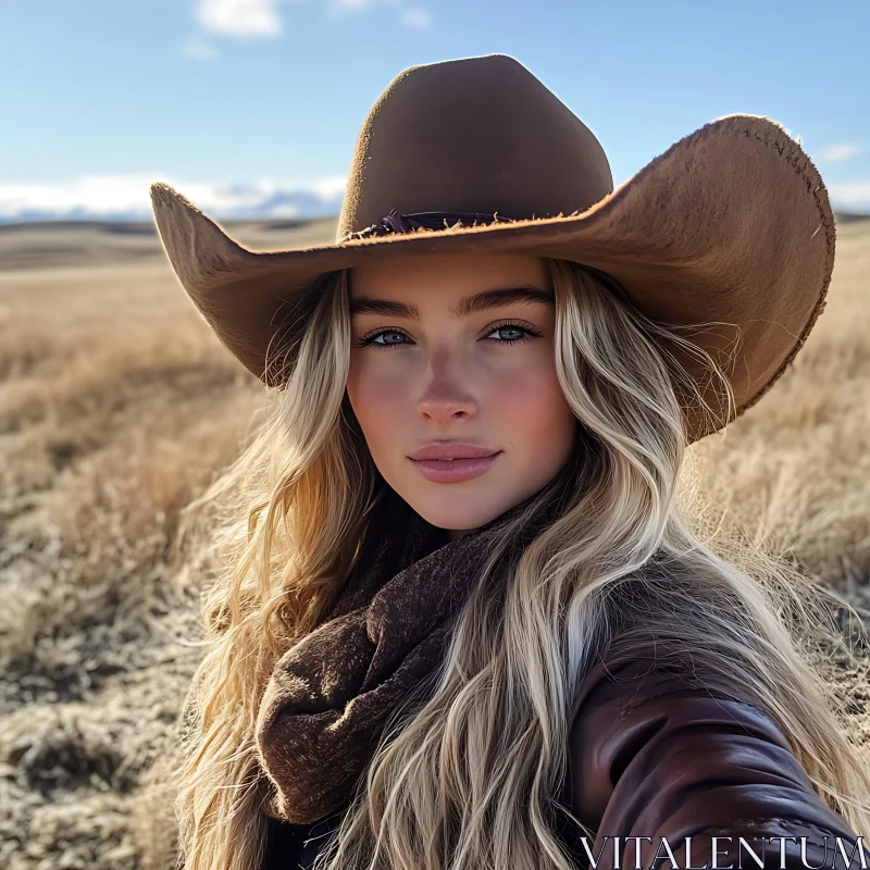 Cowgirl Taking Selfie in Sunlit Field AI Image